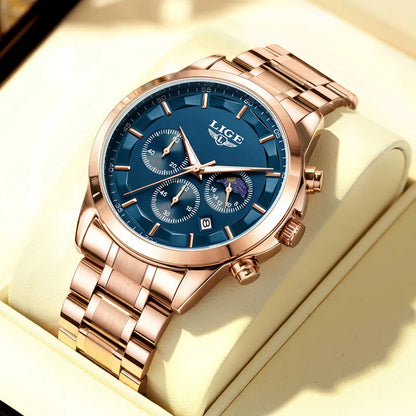 LIGE Men’s Watch – Luxury quartz chronograph, water-resistant (3 bar), with luminescent hands