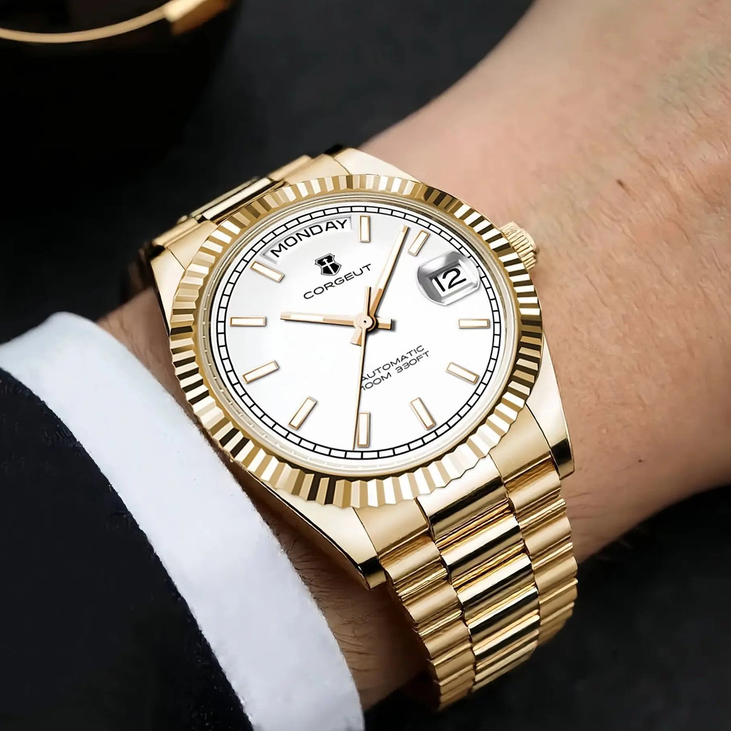 Reloj mecánico CORGEUT NH36 para hombre con indicador de día y fecha, brazalete President, caja de acero, bisel arqueado roscado, waterp