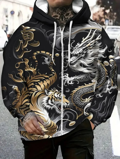Herren-Hoodie mit Drachenprint und Reißverschluss, Kordelzug, langen Ärmeln, Oversize-Passform, für Outdoor-Aktivitäten und Reisen, Herbst/Winter