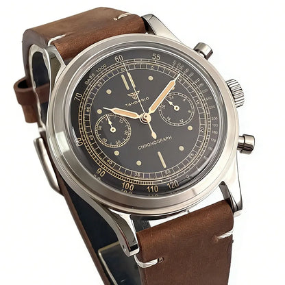 38mm Tandorio Retro Men's Watch Sport Watches Miyota OS20 Movement Chronograph Quartz Clock Black Dial Bubble Arched Glass