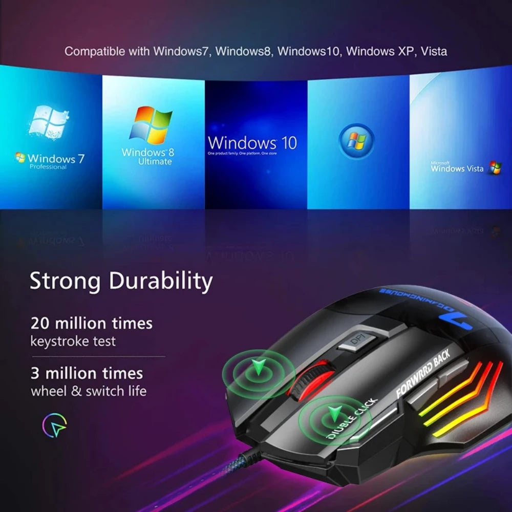Ratón gaming con cable para ordenador, retroiluminación RGB, diseño ergonómico silencioso, LED, 7 botones y USB para PC de escritorio