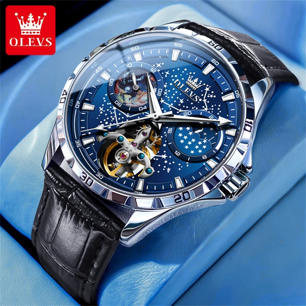 OLEVS Men’s Flywheel Skeleton Automatic Watch Starry Sky Dial, Luminous Mechanical Movement & Waterproof Business Wristwatch