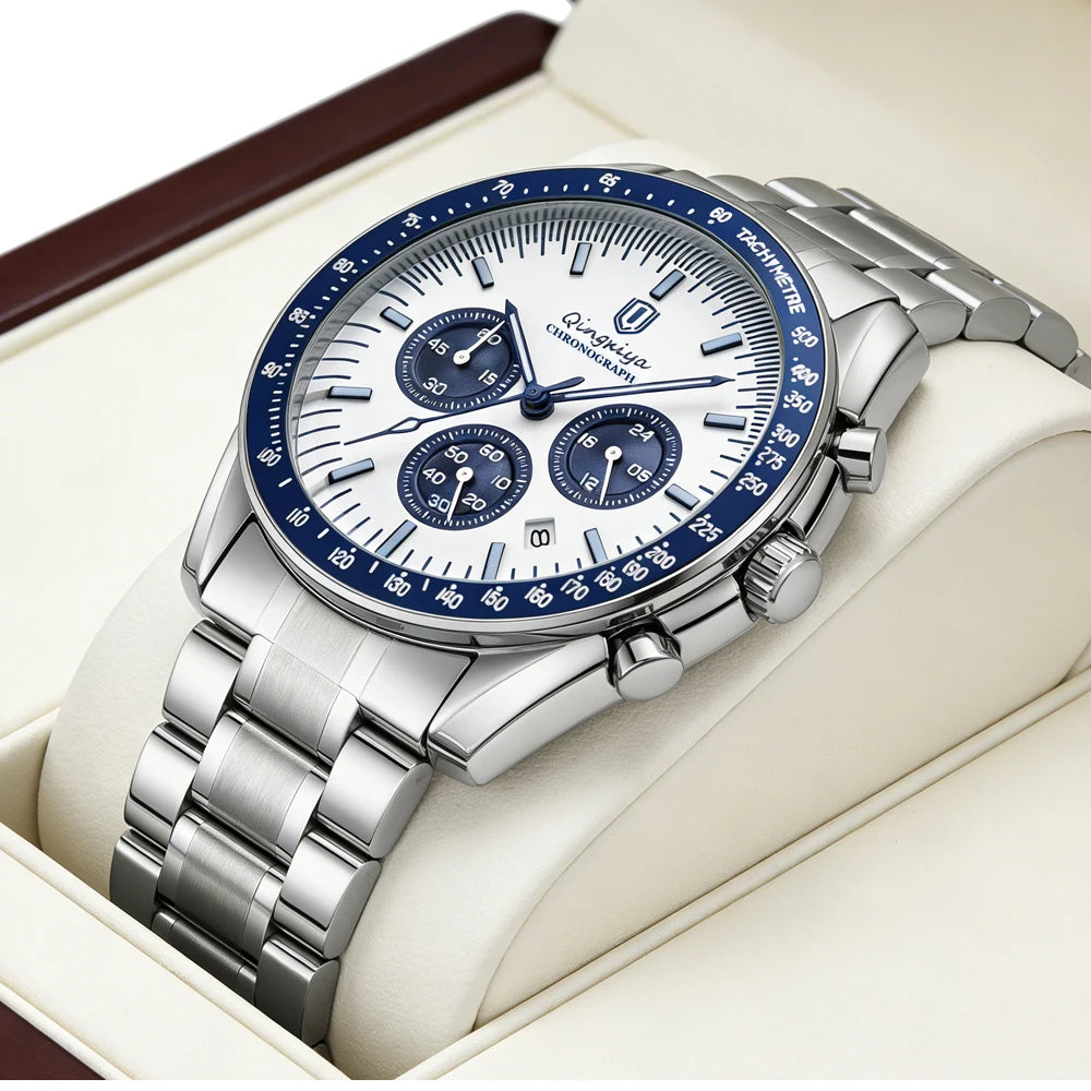 Montre à quartz pour homme, de marque de luxe, étanche et luminescente, en acier inoxydable, dotée d'un chronographe 24 heures et d'un affichage de la date – Montre élégante pour homme