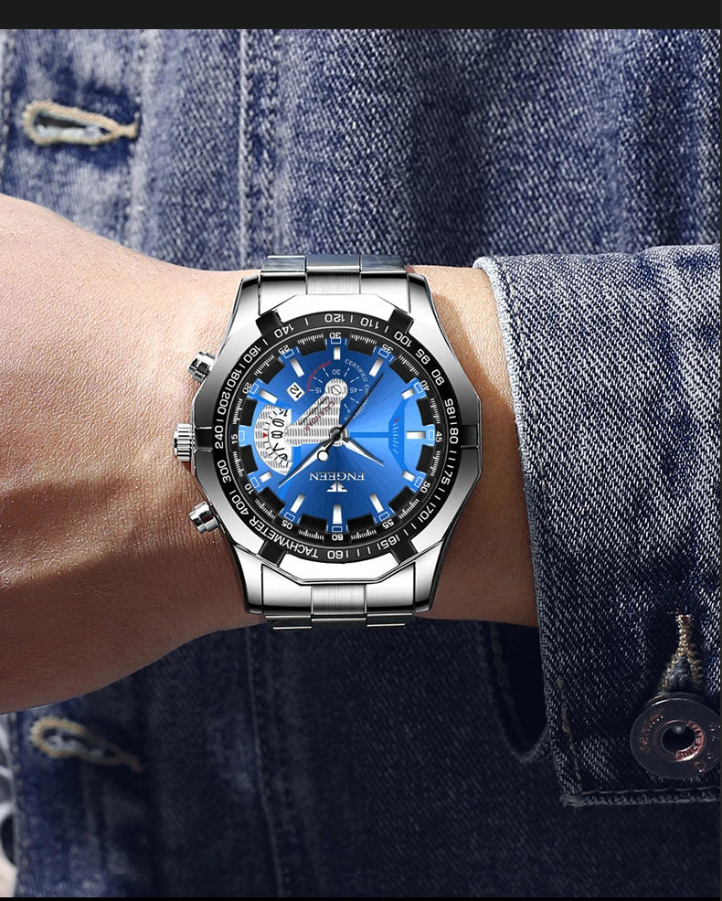 Orologio da polso al quarzo di lusso BINBOND da uomo, luminescente, impermeabile, con datario automatico, in acciaio inossidabile