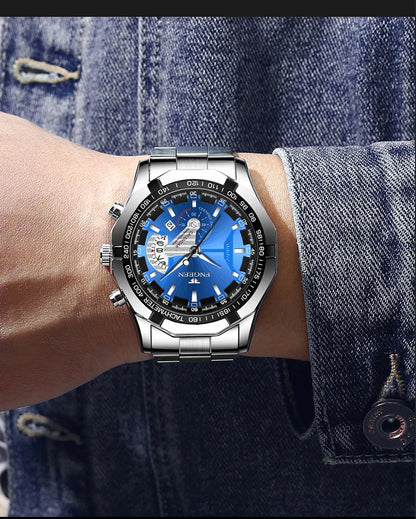 Orologio da polso al quarzo di lusso BINBOND da uomo, luminescente, impermeabile, con datario automatico, in acciaio inossidabile