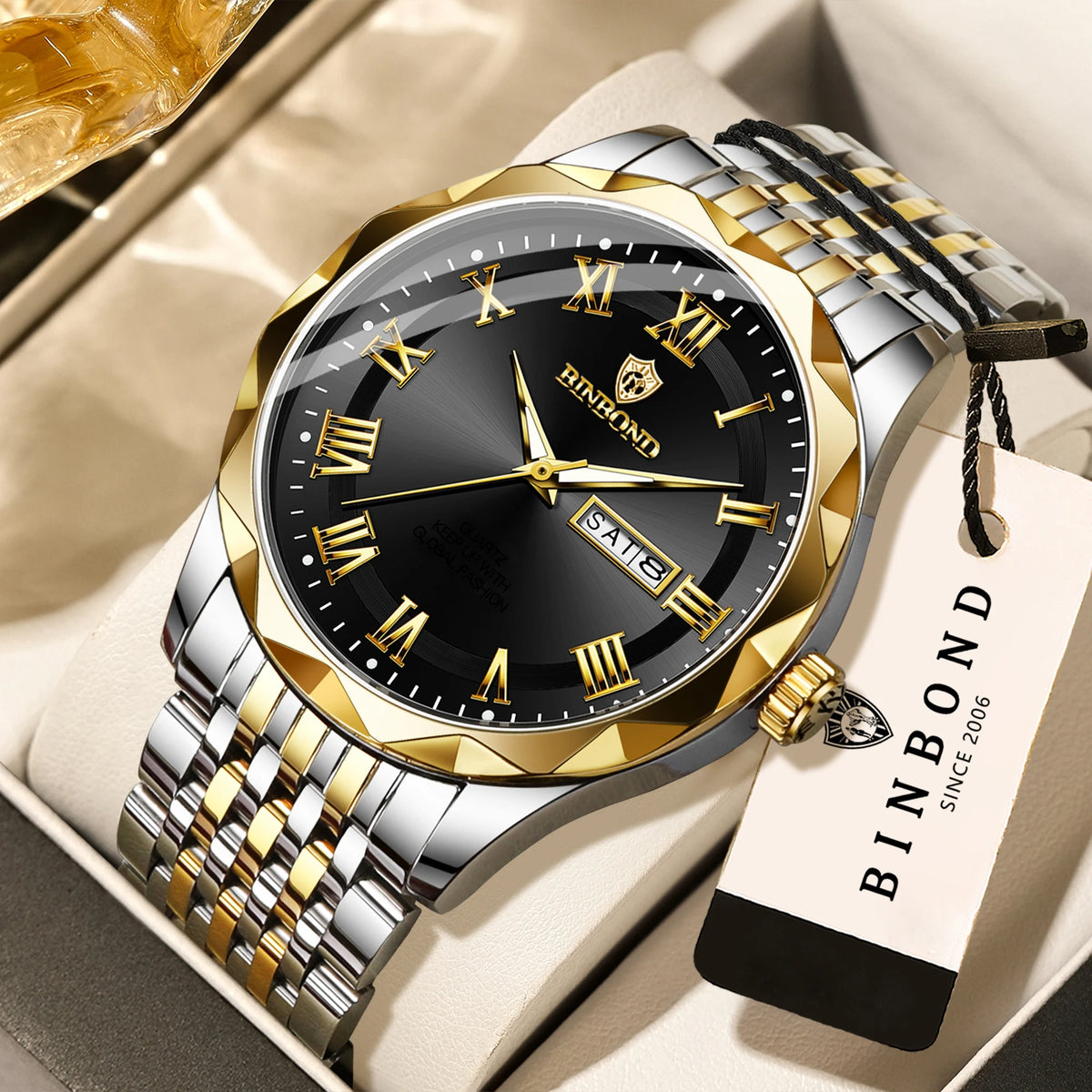 BINBOND Original Brand luxury quartz wristwatch for men, luminous, water-resistant, automatic date, day-of-the-week display, casual style.
