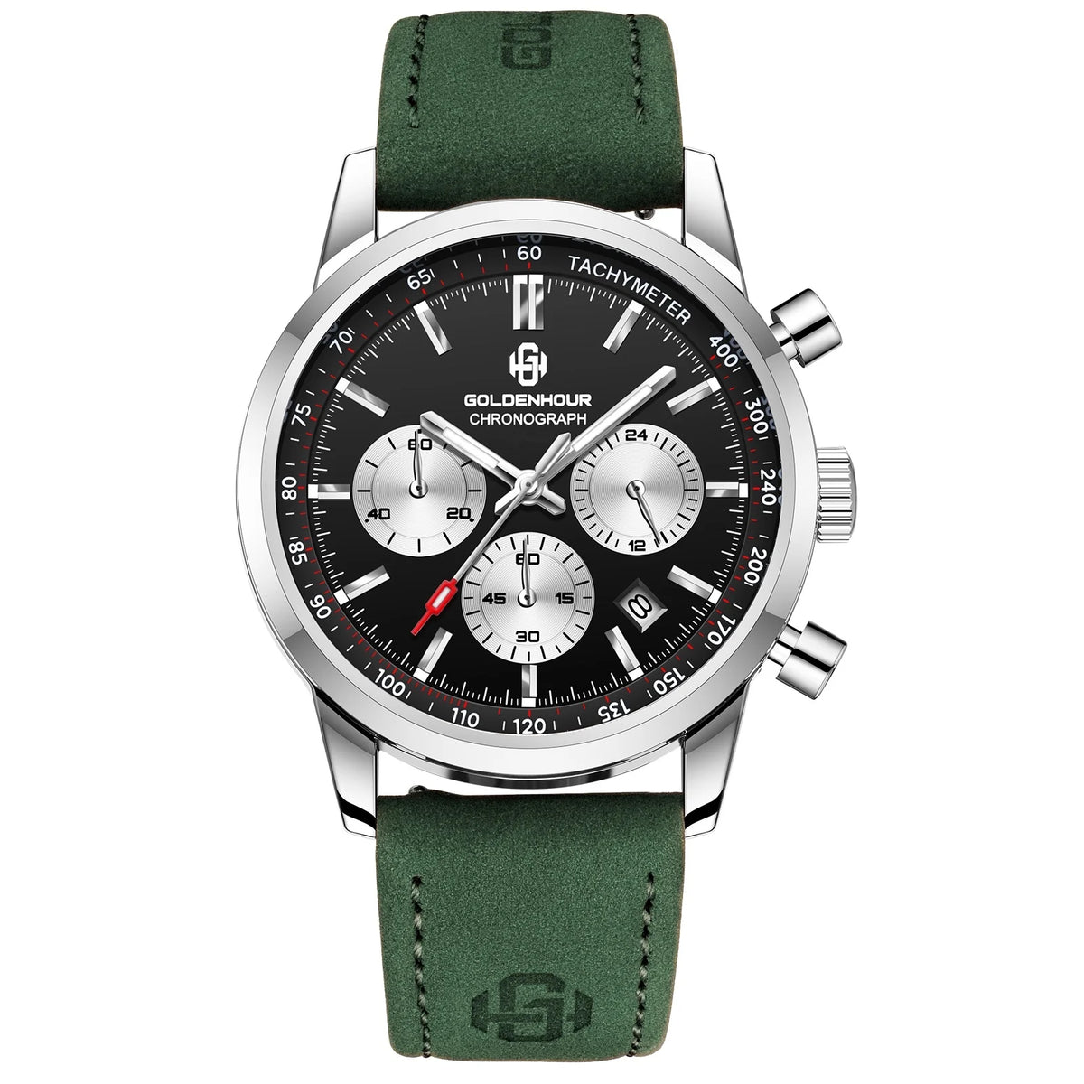 Montre de luxe pour homme GOLDENHOUR – Chronographe à quartz, cadran vert, bracelet en cuir, étanche, luminescente, style militaire et sportif