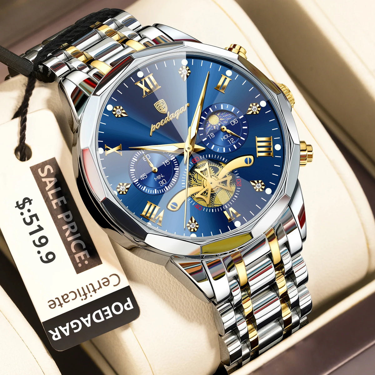 Montre homme de luxe POEDAGAR, chronographe lumineux étanche, en acier inoxydable, à quartz.