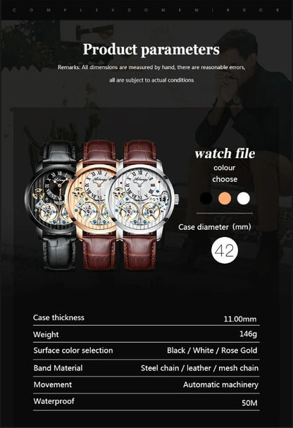 AILANG watch men's advanced expensive automatic mechanical watch Rome double tourbillon waterproof watch.