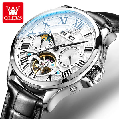 OLEVS 7013 Men’s Automatic Mechanical Watch Moon Phase, Roman Numeral Dial, Skeleton Flywheel, Luminous & 30M Waterproof