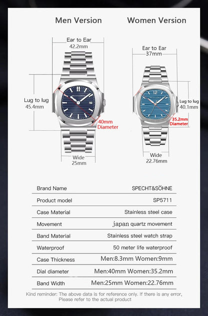 2026 New Specht & Söhne Luxury 40MM Quartz Watch For Men Super Slim Steel Sapphire Crystal 50M Waterproof 5711 Classic Watch