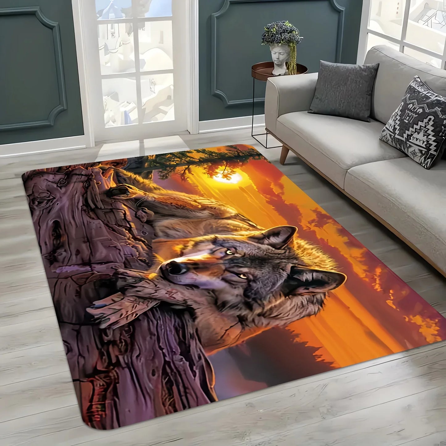 Sunset Wolf Design Rectangular Area Rug, Soft Non Slip Floor Mat for Living Room Bedroom and Office, Washable Home Decor