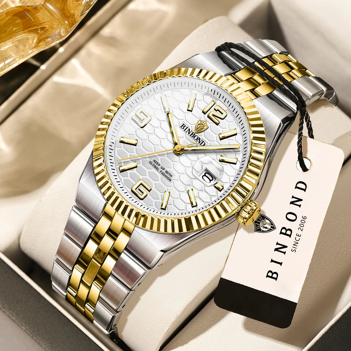 Reloj de pulsera de cuarzo de lujo BINBOND, luminiscente, resistente al agua, con fecha automática, para hombre, de acero, estilo ejecutivo, deportivo, moderno y desenfadado.