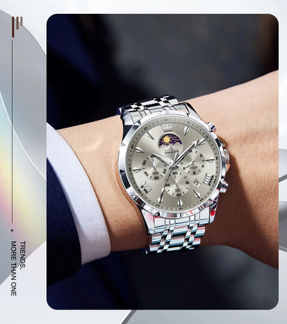 OLEVS 3653 Men’s Quartz Chronograph Watch  Moon Phase, Luminous, Date Display, Stainless Steel & 30M Waterproof