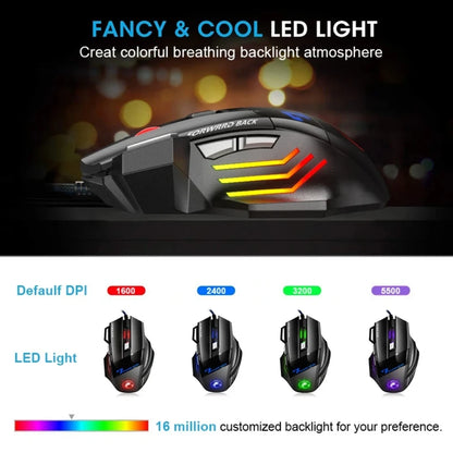 Ratón gaming con cable para ordenador, retroiluminación RGB, diseño ergonómico silencioso, LED, 7 botones y USB para PC de escritorio