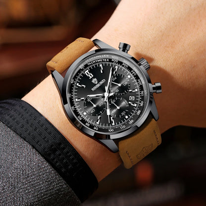 Robust and accurate BINBOND quartz chronograph watch for men, luxury, with automatic date, luminous hands and water-resistant, casual style.