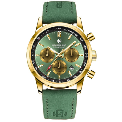 Montre de luxe pour homme GOLDENHOUR – Chronographe à quartz, cadran vert, bracelet en cuir, étanche, luminescente, style militaire et sportif