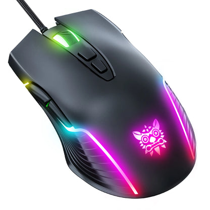 Drátová herní myš ONIKUMA, 6 úrovní nastavení, 6400 DPI, 7 programovatelných tlačítek, 7 režimů RGB osvětlení, ergonomická myš pro PC hráče