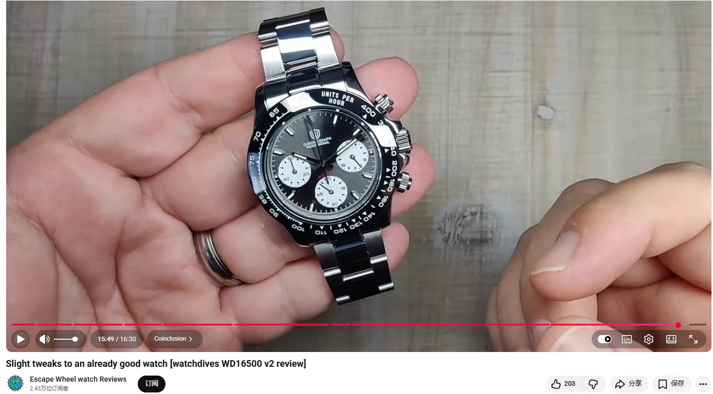 Watchdives WD16500 V2 Quartz Watch VK63 Sweep Sports Chronograph Watches Sapphire AR Coating BGW9 Luminous Waterproof Watches