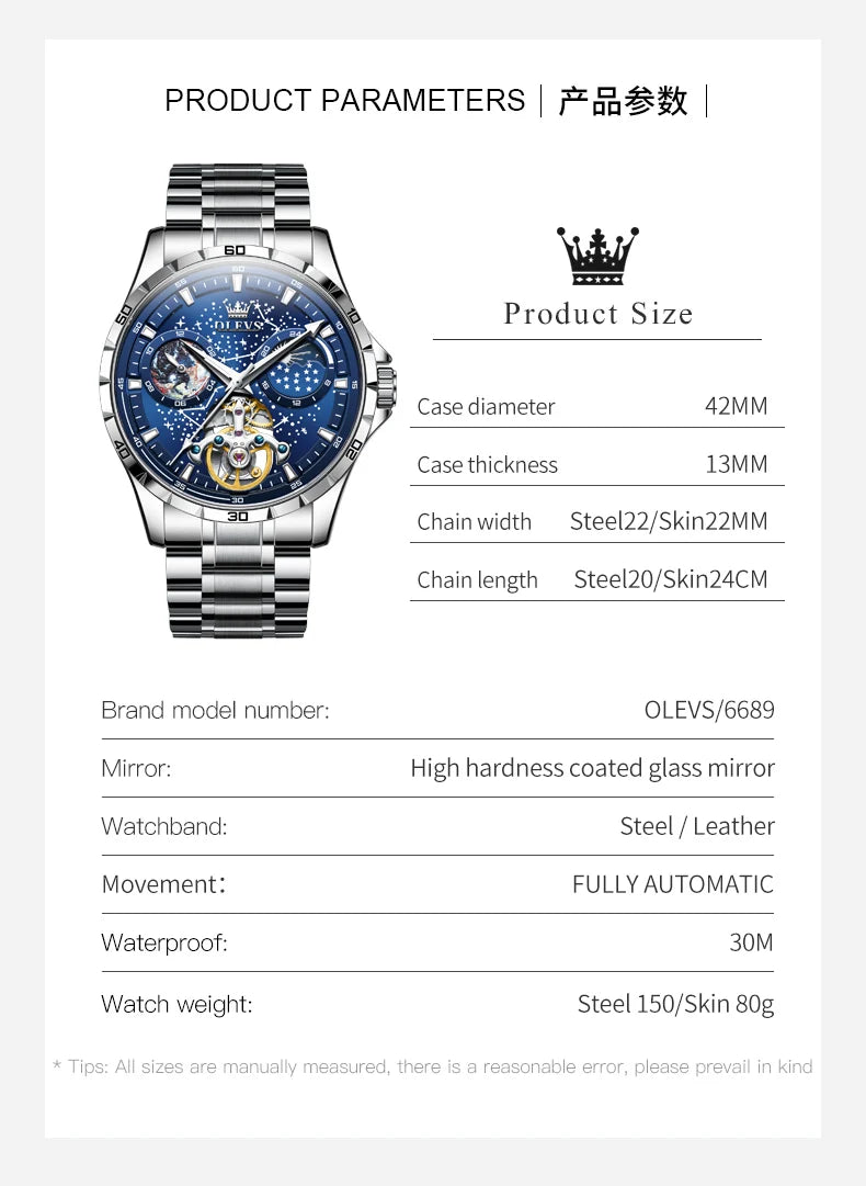 OLEVS Men’s Flywheel Skeleton Automatic Watch Starry Sky Dial, Luminous Mechanical Movement & Waterproof Business Wristwatch