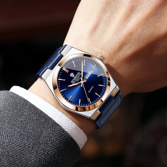 Orologio da polso al quarzo BINBOND di lusso con cinturino in pelle, preciso, luminoso, impermeabile, con visualizzazione automatica della data e del giorno della settimana, resistente, da uomo.
