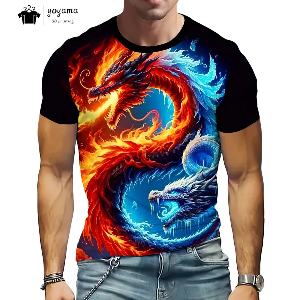 Herren-T-Shirt mit Drachenmuster, kurzärmeliges Fashion-Streetwear-Shirt, Rundhals-Top mit trendigem 3D-Tierprint, locker und vielseitig, Herrenbekleidung