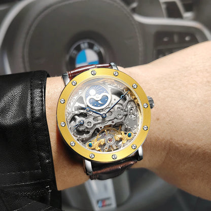 SKROX automatic mechanical wristwatch for men, skeletonised model with GMT function, moon phase and tourbillon – A high-end, elegant and original luxury watch.