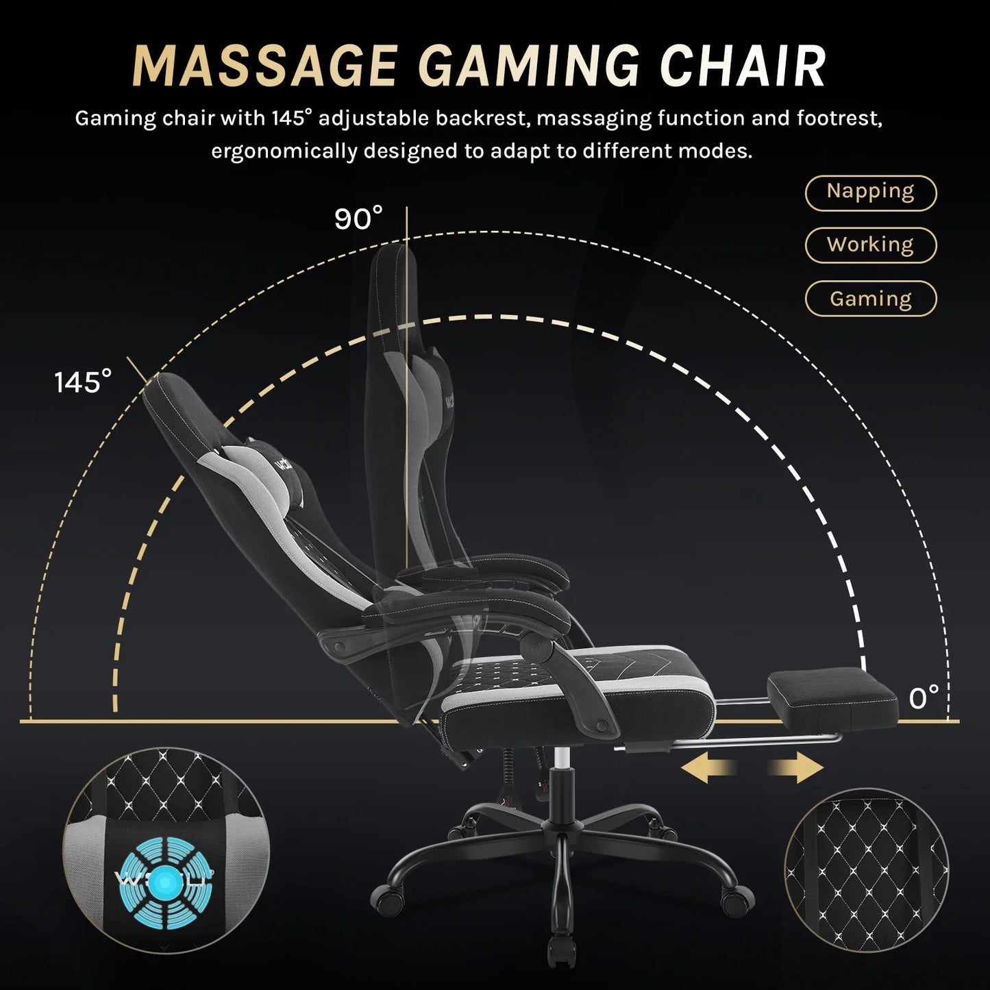 WOLTU sukamoji kompiuterio kėdė su masažo funkcija, ergonominė biuro kėdė su pagalvėle ir pakoju, reguliuojamo aukščio gaming kėdė