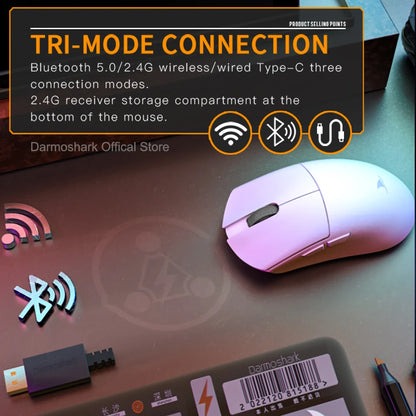 Геймърска мишка Darmoshark M3Pro 2.4G BT безжична Tri-Mode, сензор PAW3395, N52840, 26000DPI, за голяма ръка, макро драйвер, мишка за игри