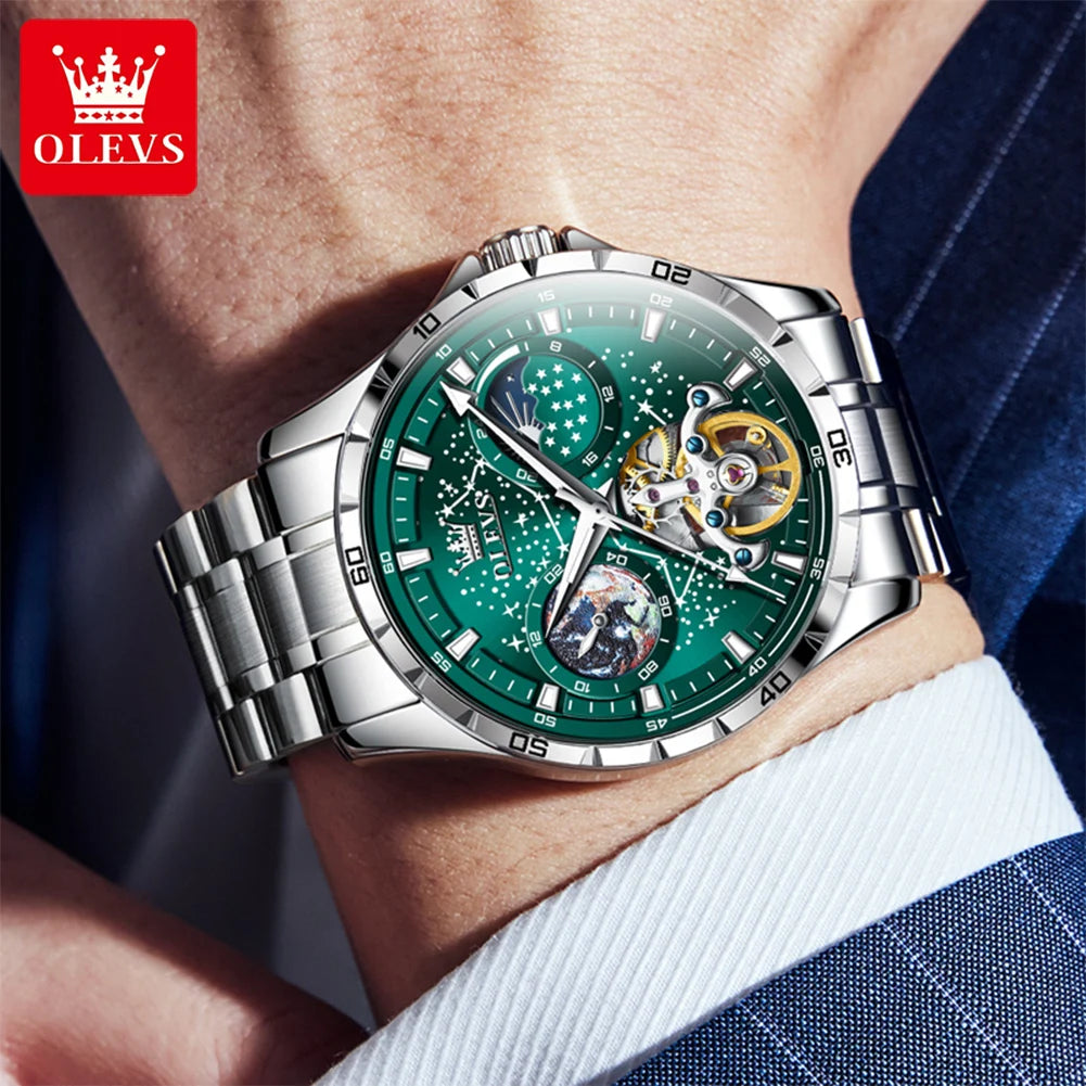 OLEVS Men’s Flywheel Skeleton Automatic Watch Starry Sky Dial, Luminous Mechanical Movement & Waterproof Business Wristwatch