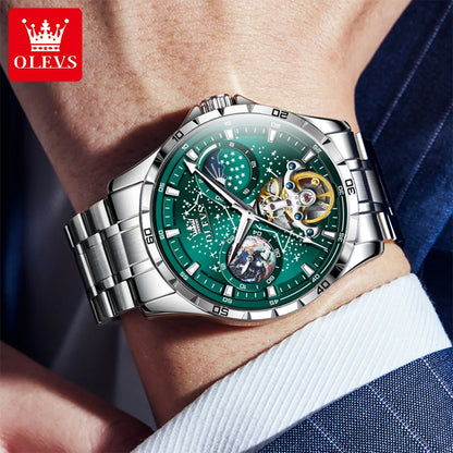 OLEVS Men’s Flywheel Skeleton Automatic Watch Starry Sky Dial, Luminous Mechanical Movement & Waterproof Business Wristwatch