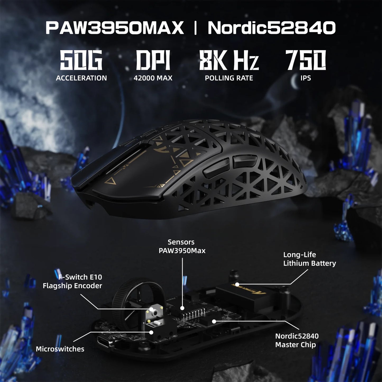 ATTACK SHARK R5Ultra anglies pluošto belaidė 8K PAW3950MAX žaidimų pelė su 8K susuktu laidu,