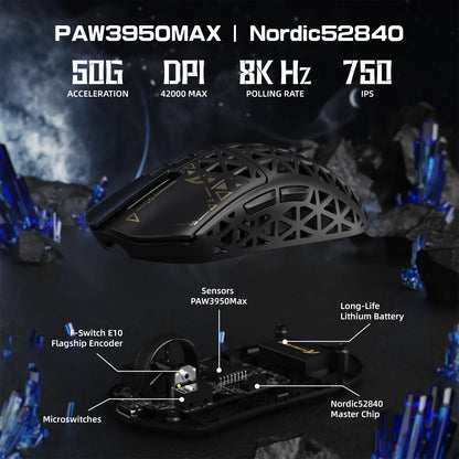 ATTACK SHARK R5Ultra anglies pluošto belaidė 8K PAW3950MAX žaidimų pelė su 8K susuktu laidu,