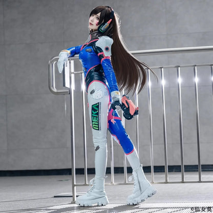 Game Overwatch Dva Song Hana Cosplay Costume Women Cute Elasticity Leather Jumpsuit Zentai Suit Halloween Carnival Party Clothes