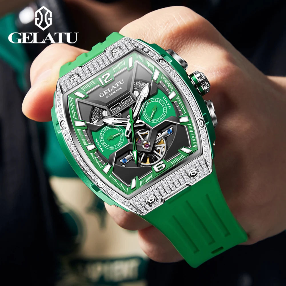 GELATU 6016 High-End Full Diamond Automatic Mechanical Watch for Men Multifunction Hollow Silicone Strap Men's Wristwatches