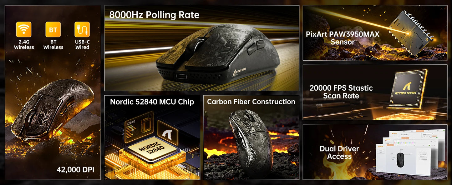 ATTACK SHARK R11 ULTRA Carbon Fiber Wireless Gaming Mouse, 8000Hz, PAW3950MAX, 42000DPI, 49g Lightweight, 20000FPS, Nordic 52840