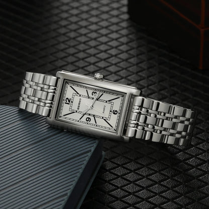 BERNY square men’s watch – Quartz movement, Roman numeral dial, luminescent display, 316L stainless steel case – An elegant and casual rectangular watch