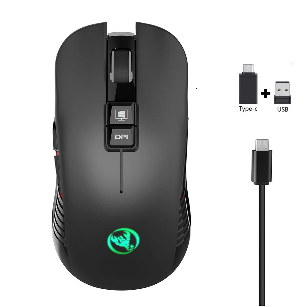 Mouse da gaming wireless 2.4G USB-C ricaricabile 3600DPI a 7 pulsanti, mouse silenzioso Type-C per MacBook, laptop, PC e computer da gioco