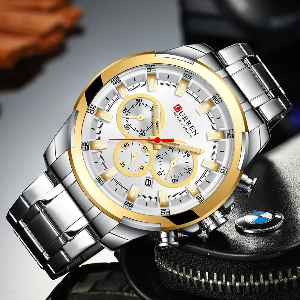 CURREN men’s chronograph watch, large 48 mm dial, stainless steel bracelet, three sub-dials, quartz sports wristwatch, luxurious style