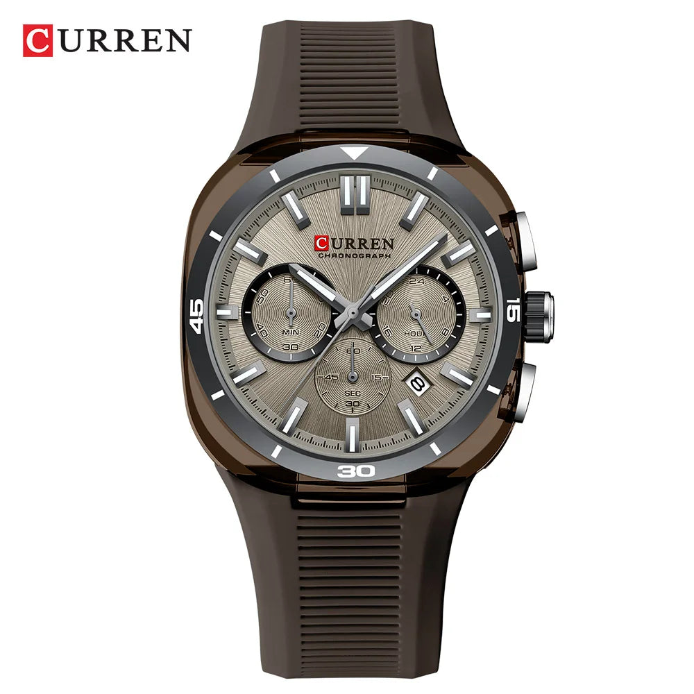 Reloj para hombre CURREN: nuevo modelo de lujo con mecanismo de cuarzo, correa de silicona, estilo deportivo, multifunción, resistente al agua, luminiscente, con indicador de fecha y cronómetro.