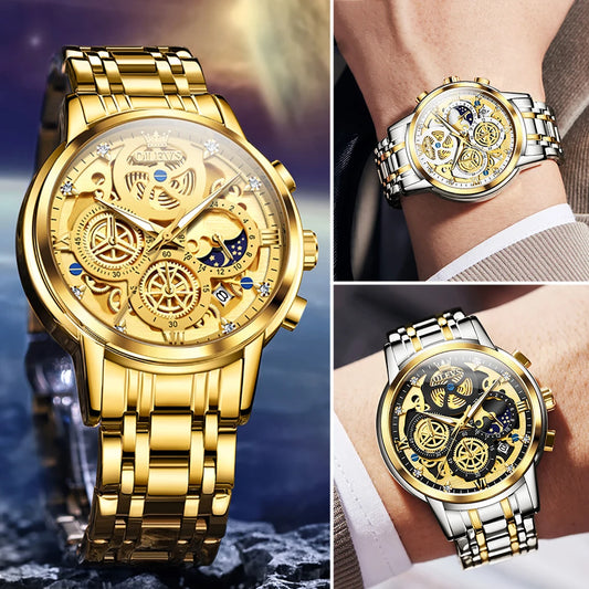 Relógio de homem OLEVS – Modelo de luxo, estanque, de quartzo, estilo esqueleto, indicação de 24 horas (dia/noite), cor dourada