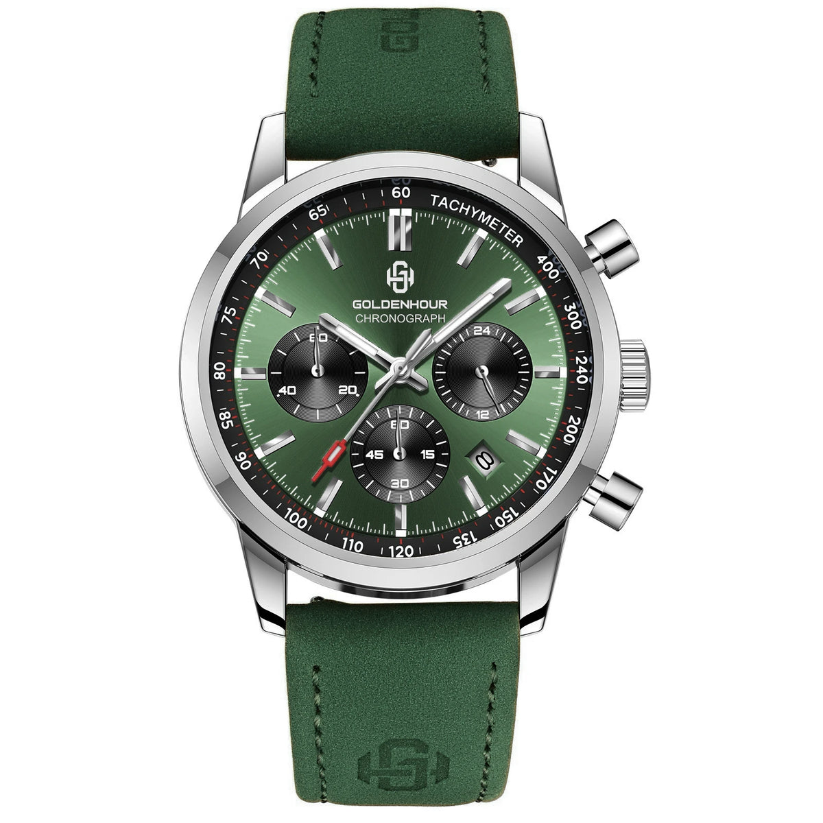 Montre de luxe pour homme GOLDENHOUR – Chronographe à quartz, cadran vert, bracelet en cuir, étanche, luminescente, style militaire et sportif
