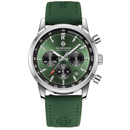 Montre de luxe pour homme GOLDENHOUR – Chronographe à quartz, cadran vert, bracelet en cuir, étanche, luminescente, style militaire et sportif