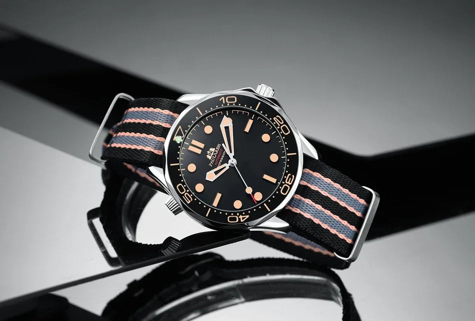Automatikus férfi karóra, mechanikus önfelhúzós szerkezet, rozsdamentes acél, nejlon szíj, luxus divatórák