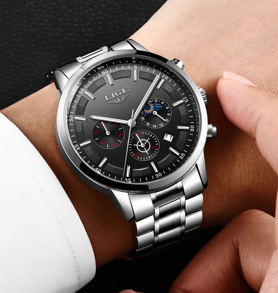 LIGE Men’s Watch – Luxury quartz chronograph, water-resistant (3 bar), with luminescent hands – Gift idea (box included)