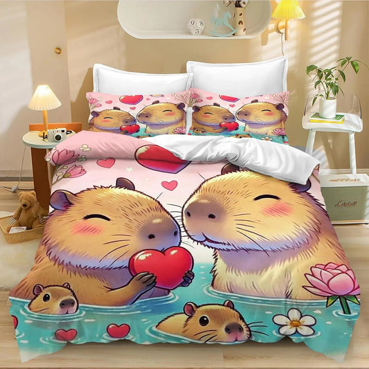 4-teiliges Cartoon-Capybara-Bettwäsche-Set mit Bettbezug und Kissenbezug, Capybara-Bettwäsche für Erwachsene, Jungen und Mädchen, Schlafzimmerdekoration für Kinder, Einzel- und Doppelgröße