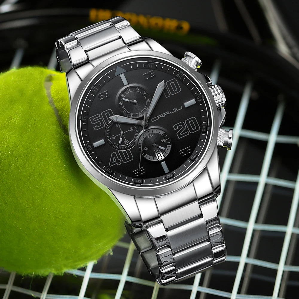 CRRJU men’s watch – Luxury chronograph, large dial, stainless steel, water-resistant, with date display