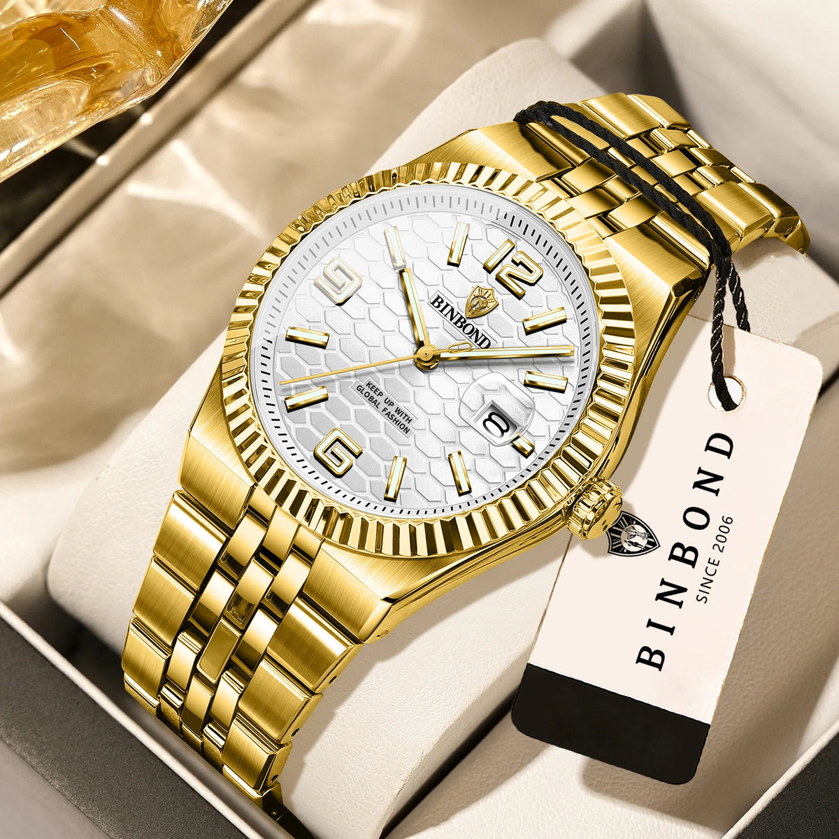 Reloj de pulsera de cuarzo de lujo BINBOND, luminiscente, resistente al agua, con fecha automática, para hombre, de acero, estilo ejecutivo, deportivo, moderno y desenfadado.