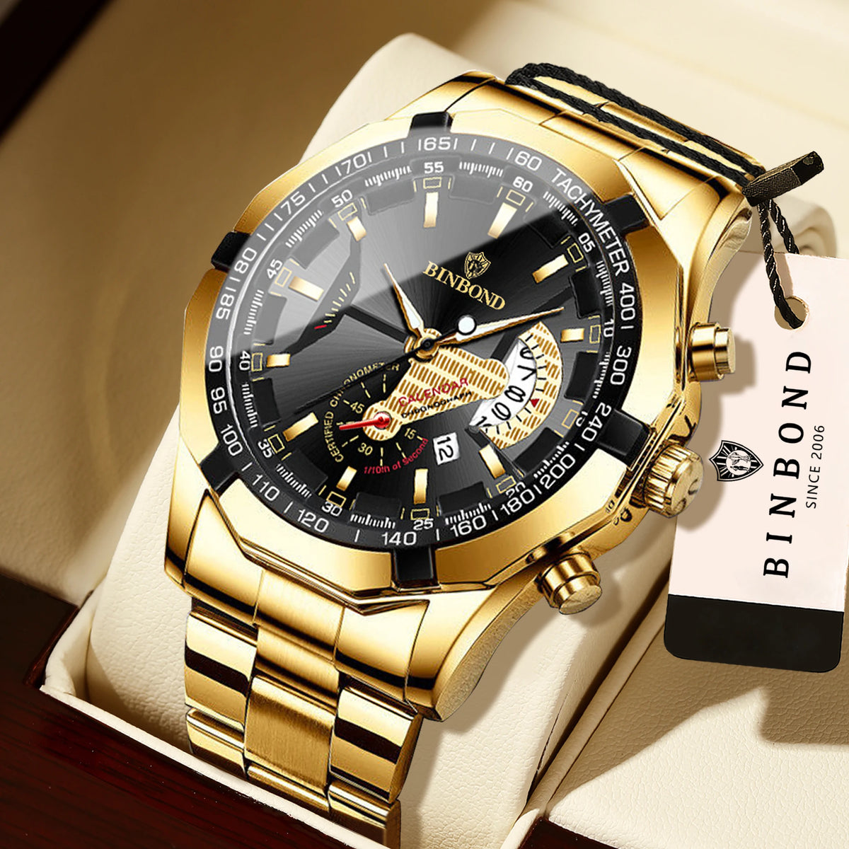 Orologio da polso al quarzo di lusso BINBOND da uomo, luminescente, impermeabile, con datario automatico, in acciaio inossidabile