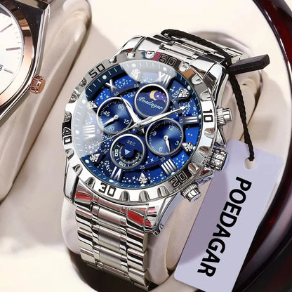Montre pour homme POEDAGAR – Chronographe de luxe, étanche et luminescent, en acier inoxydable, style sportif et militaire, à mouvement à quartz